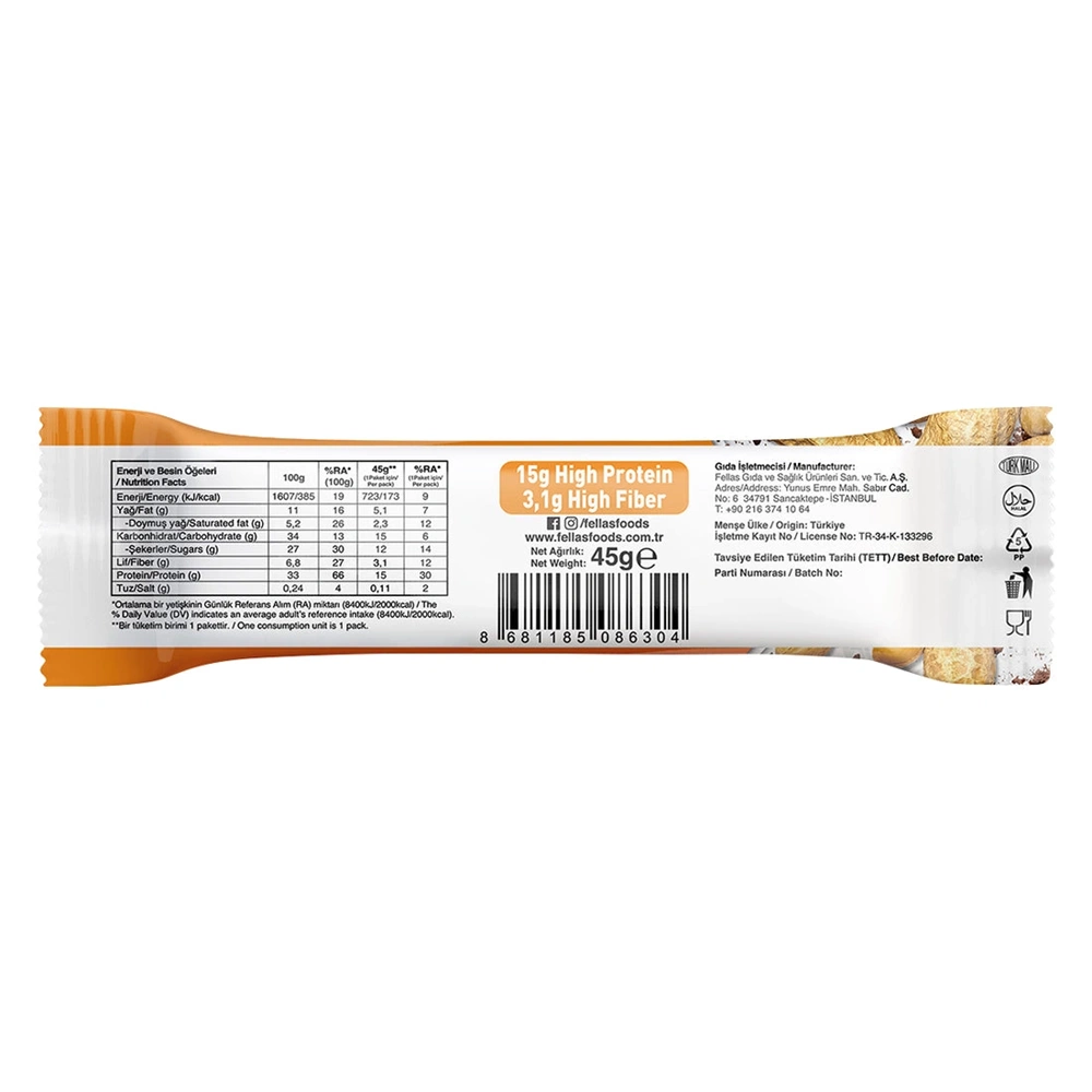 FELLAS YÜKSEK PROTEİN BAR - YER FISTIĞI VE KAKAO 45 G