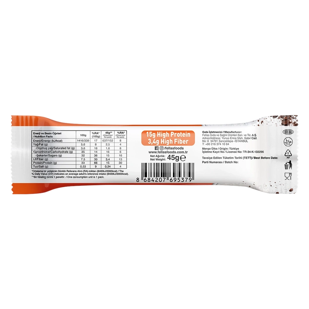 FELLAS YÜKSEK PROTEİN BAR - PORTAKAL & KAKAO 45 G